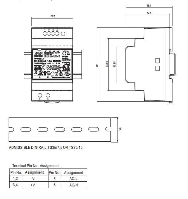 MEAN WELL DIN-Schiene-Schaltnetzteil HDR-60-5 5VDC/6.5A